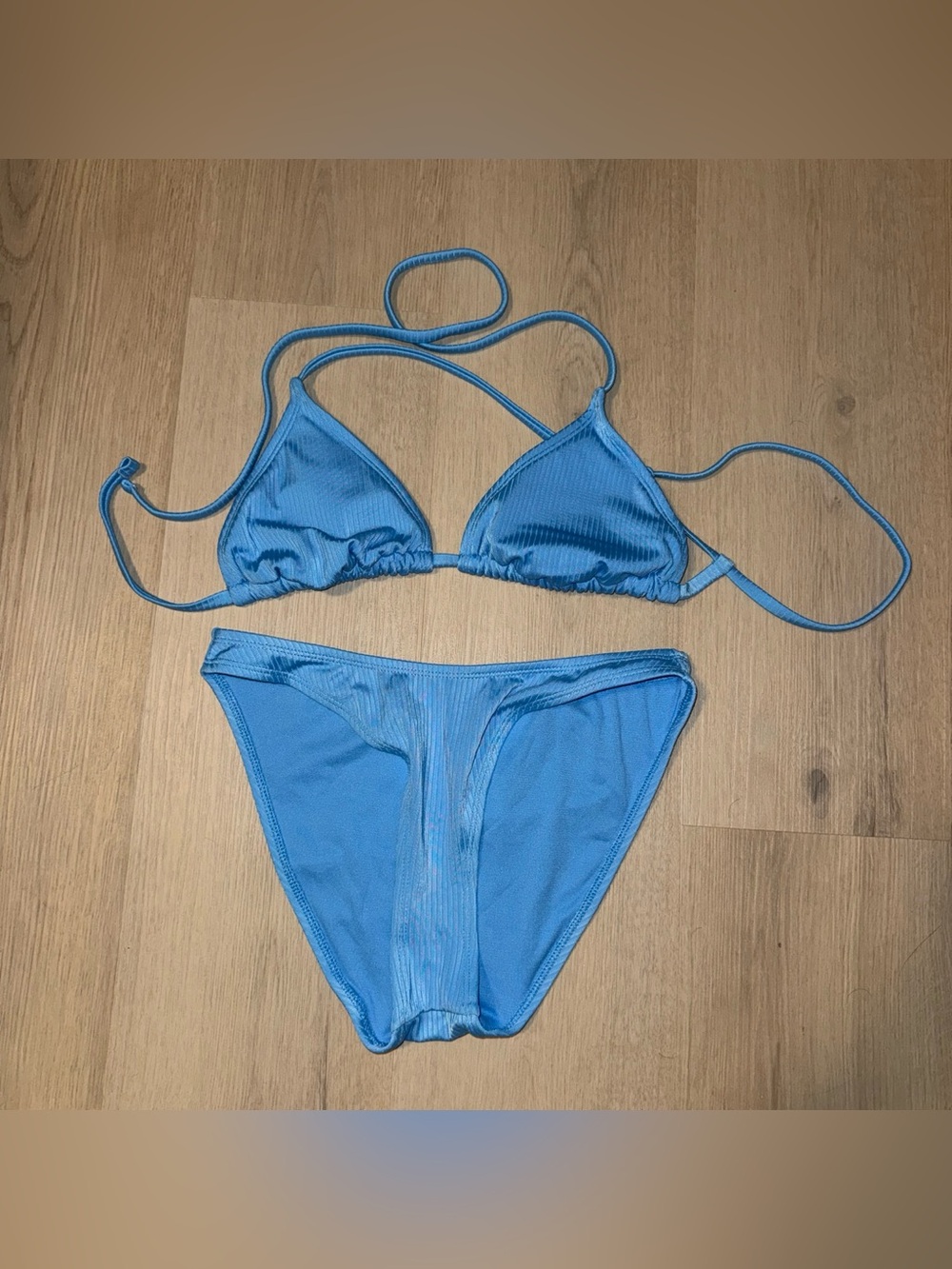 Blue Ribbed Triangle Bikini Set